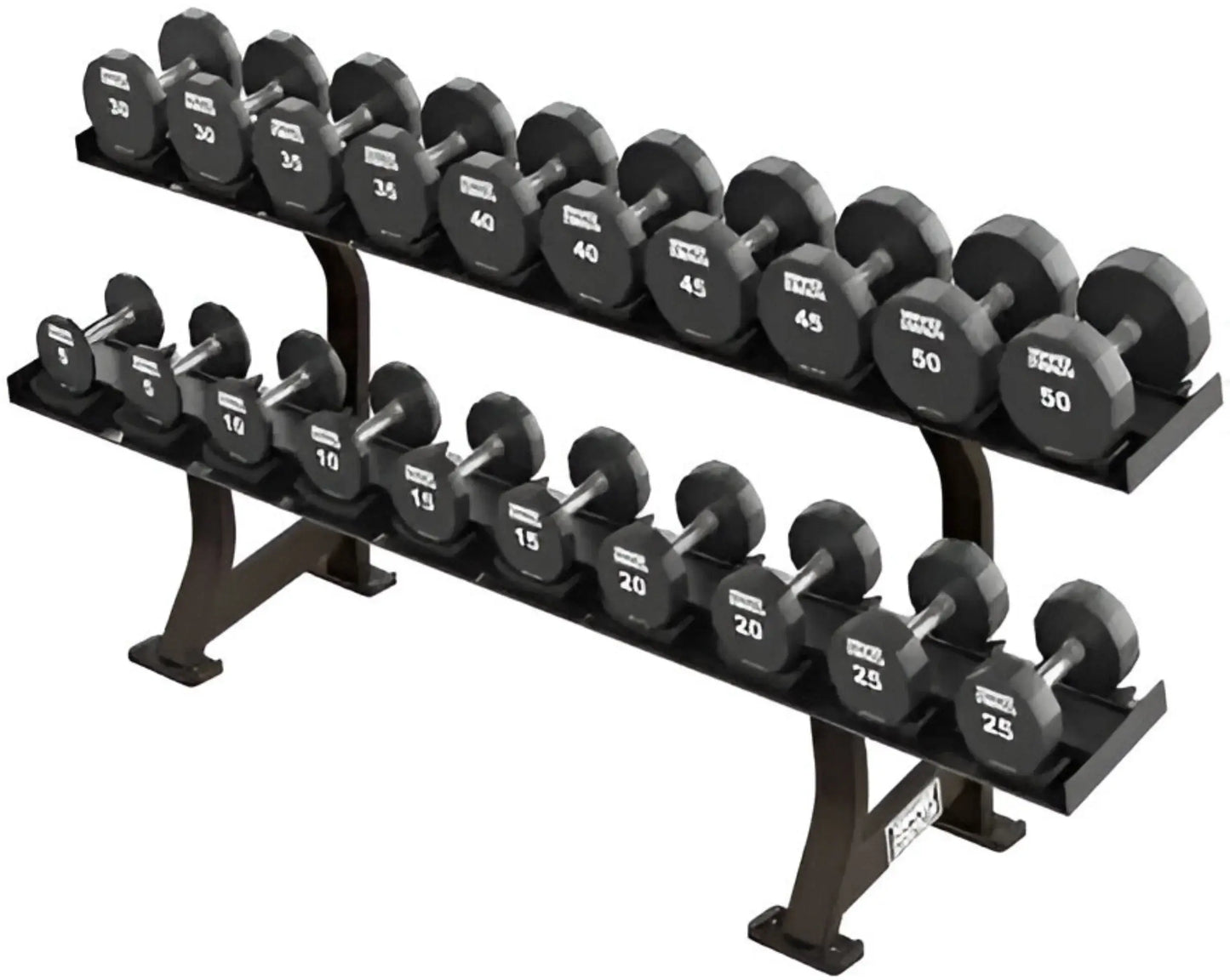 Hammer Strength Round Rubber Dumbbell Set 5-50 lbs w/2-Tier Rack
